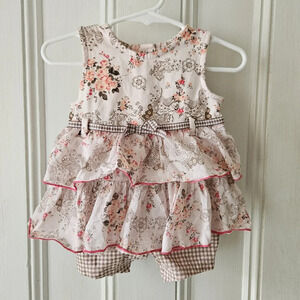 Vitamins Baby Floral Checkered Ruffled Dress with Bloomers Pink Brown 9M
